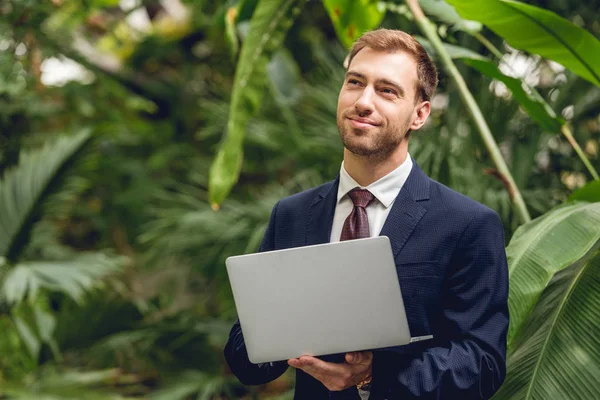 Sonriente hombre de negocios de ensueño en traje y corbata usando computadora portátil en naranjería - foto de stock