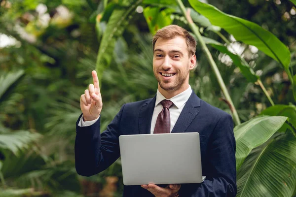 Sonriente hombre de negocios en traje y corbata usando portátil y mostrando gesto de idea en naranjería - foto de stock