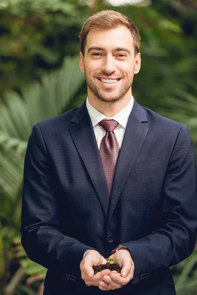 Happy smiling businessman in suit and tie holding green sprout and ground in hands in orangery — Stock Photo