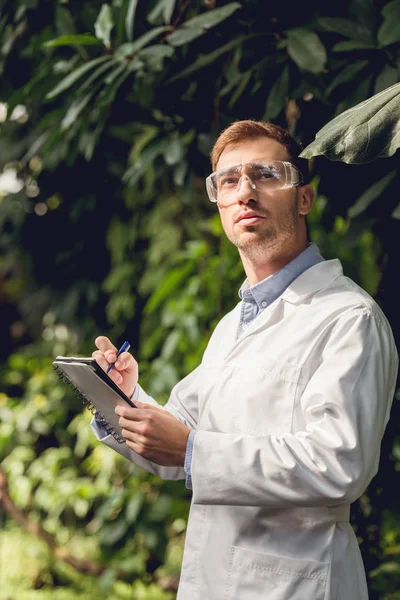 Scientifique en manteau blanc et lunettes prenant des notes en orangerie verte — Photo de stock