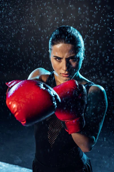 Boxer concentré en gants de boxe rouge debout sous des gouttes d'eau sur fond noir — Photo de stock