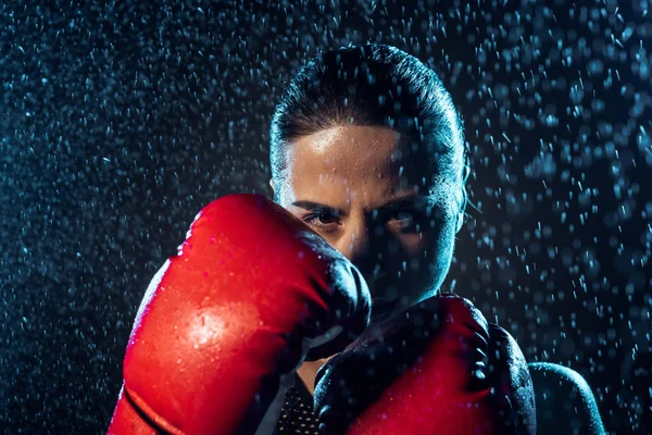 Концентрированный боксер в красных боксерских перчатках, стоящих под каплями воды на черном — стоковое фото
