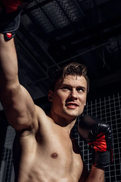 Low angle view of boxer in boxing gloves looking away — Stock Photo