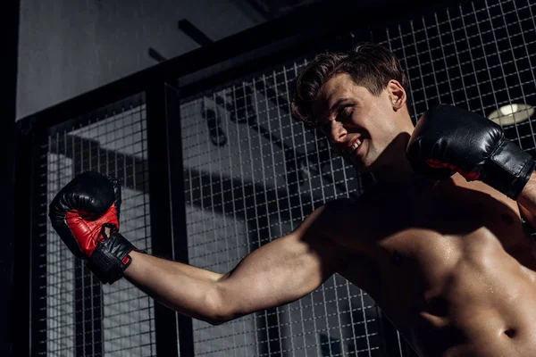 Handsome boxer in black boxing gloves training with smile — Stock Photo