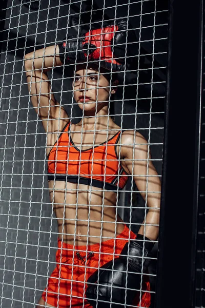Attractive boxer standing behind wire netting and looking away — Stock Photo