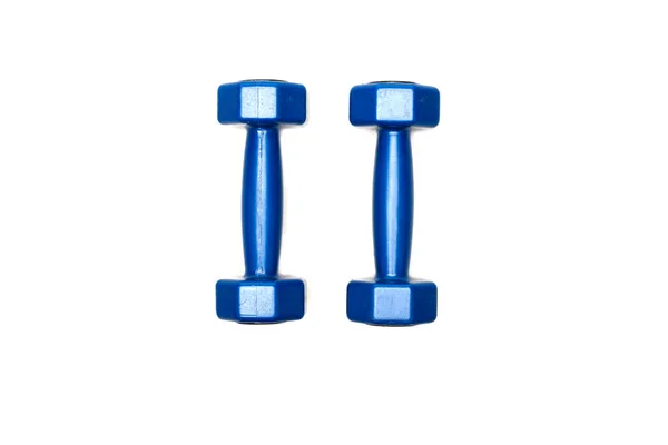 Top view of blue dumbbells isolated on white — Stock Photo