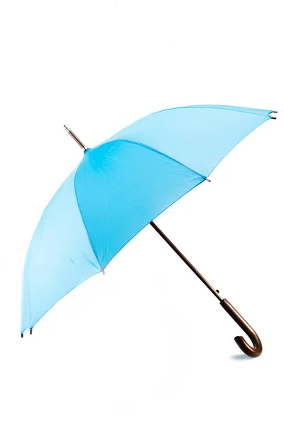 Open big black umbrella with plastic handle on white — Stock Photo