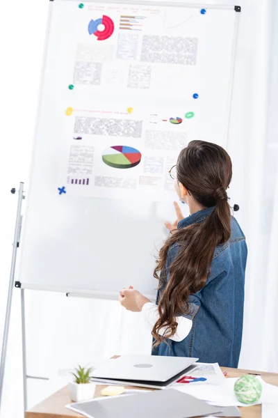 Вид сзади ребенка, стоящего возле белой доски с графиками и диаграммами — стоковое фото