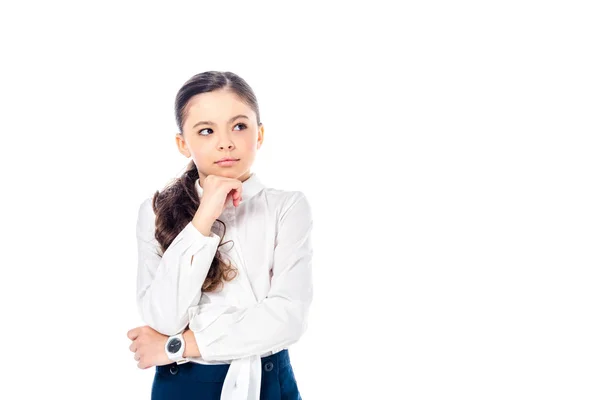 Pensive schoolgirl in formal wear propping chin Isolated On White with copy space — Stock Photo