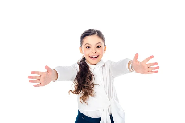 Felice studentessa in abito formale con le mani tese isolato su bianco — Foto stock