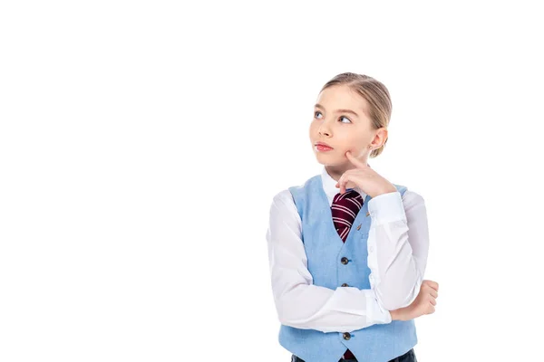 Écolière réfléchie en tenue formelle Gesturing isolé sur blanc avec espace de copie — Photo de stock