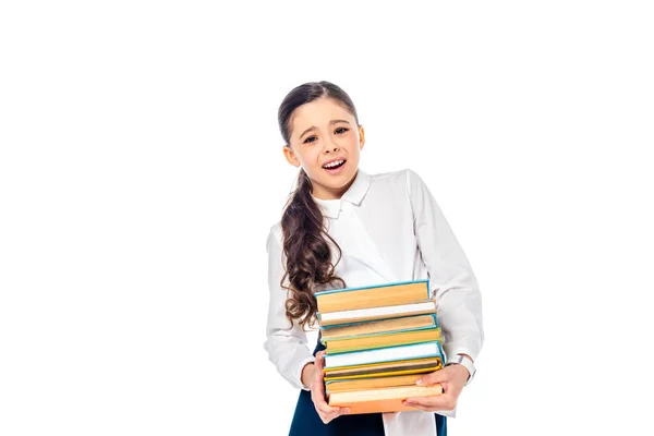 Studentessa in abbigliamento formale guardando la macchina fotografica e tenendo libri isolati su bianco con spazio copia — Foto stock