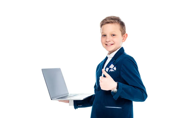 Happy schoolboy in businessman suit with laptop showing thumb up Isolated On White — Stock Photo