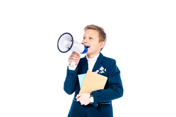 Happy schoolboy with books shouting in mouthpiece Isolated On White — Stock Photo