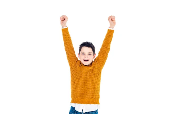 Niño alegre en ropa casual con las manos extendidas aisladas en blanco - foto de stock