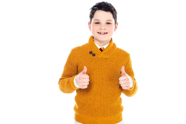 Sorrindo menino em roupas casuais mostrando polegares para cima isolado no branco — Fotografia de Stock