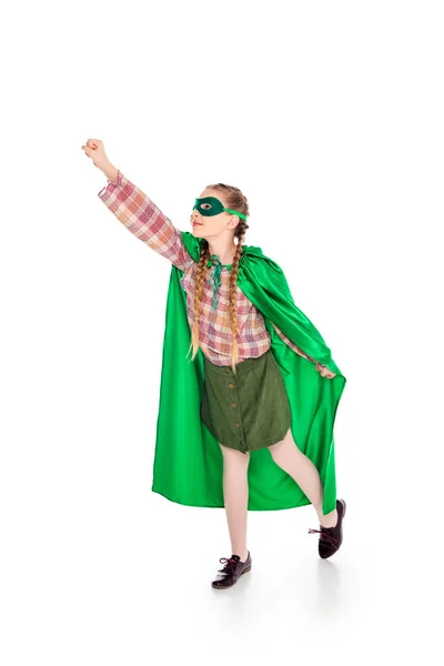 Kind im Superheldenkostüm und Maske mit ausgestreckter Hand auf weiß — Stockfoto