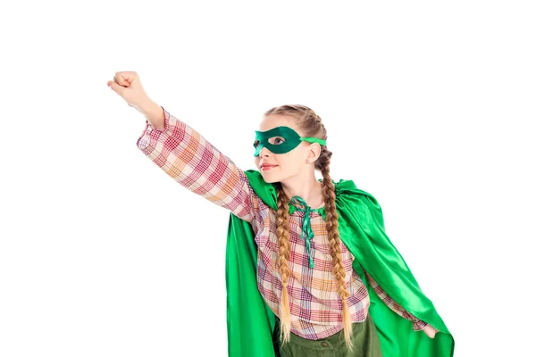 Kid in superhero costume and mask with outstretched hand Isolated On White — Stock Photo