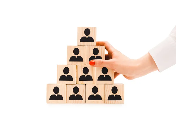 Cropped view of woman holding pyramid made of wooden blocks with black human icons isolated on white — Stock Photo