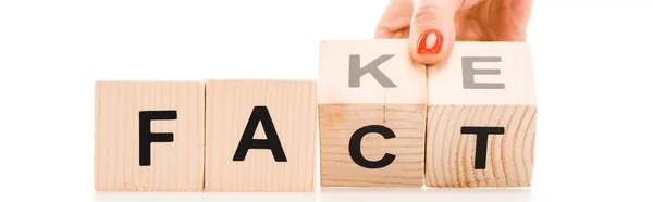 Cropped view of woman holding wooden blocks with fact or fake words isolated on white — Stock Photo