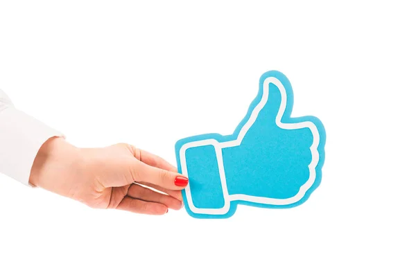 Partial view of woman holding thumb up blue sign isolated on white — Stock Photo