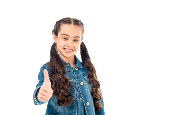 Smiling curly kid in denim jacket showing thumb up isolated on white — Stock Photo