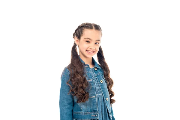 Happy kid with long hair in denim jacket looking at camera with smile isolated on white — Stock Photo