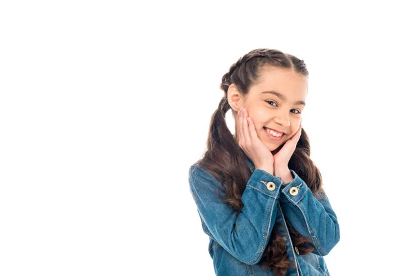 Enfant souriant dans la veste en denim posant isolé sur blanc — Photo de stock