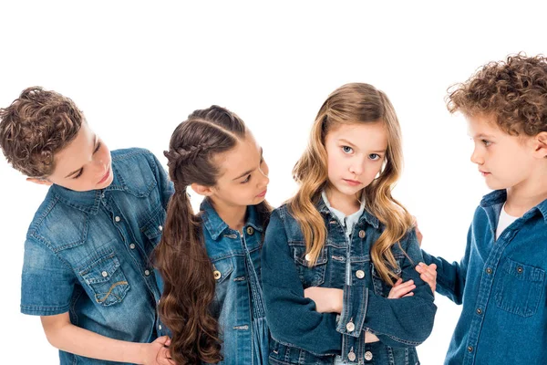 Enfants en vêtements denim encourageant ami triste isolé sur blanc — Photo de stock