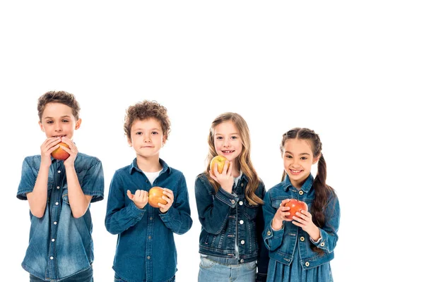 Чотири дитини в джинсовому одязі їдять яблука ізольовані на білому — стокове фото