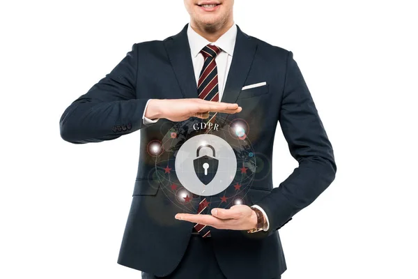 Cropped view of businessman in formal wear gesturing near virtual padlock with gdpr lettering isolated on white — Stock Photo