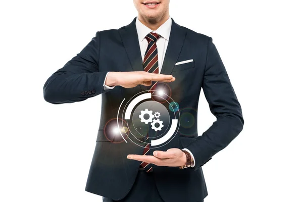 Cropped view of businessman in formal wear gesturing near virtual cogwheel isolated on white — Stock Photo