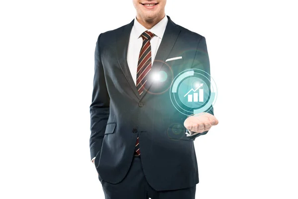 Cropped view of cheerful man in suit smiling and gesturing near charts and graphs on white — Stock Photo