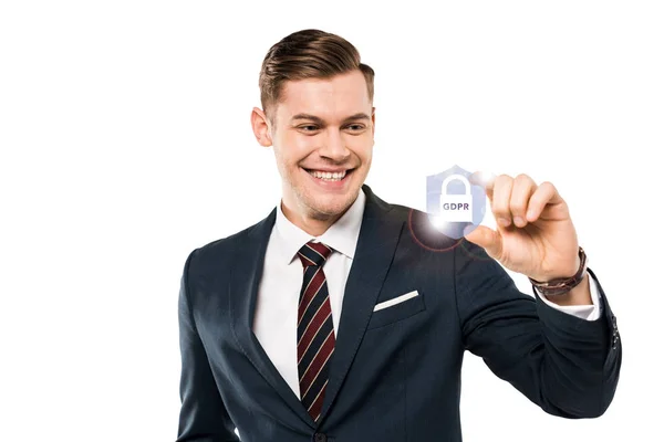 Happy businessman gesturing and smiling while looking at padlock with gdpr lettering on while — Stock Photo