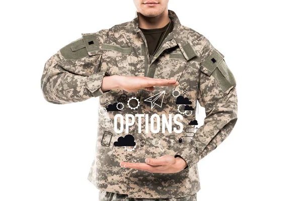 Cropped view man in military uniform gesturing near options lettering on white — Stock Photo