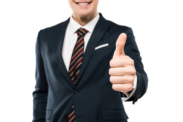 Recortado vista de feliz hombre de negocios mostrando pulgar hacia arriba aislado en blanco - foto de stock