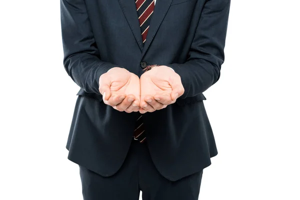 Cropped view of businessman with cupped hands isolated on white — Stock Photo