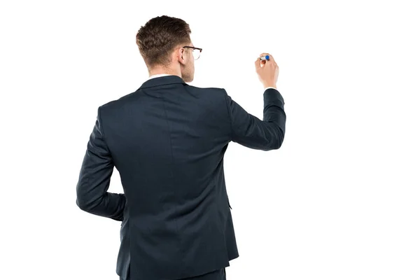 Back view of businessman holding marker pen isolated on white — Stock Photo