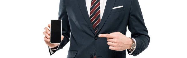 Plano panorámico del hombre de negocios apuntando con el dedo al teléfono inteligente con pantalla en blanco - foto de stock