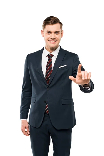 Homem de negócios positivo apontando com o dedo isolado no branco — Fotografia de Stock