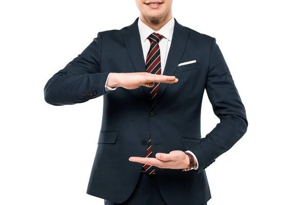 Vista recortada de hombre de negocios en el gesto de desgaste formal aislado en blanco - foto de stock