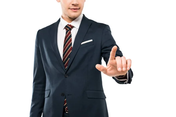 Vista cortada do homem feliz em desgaste formal apontando com o dedo isolado no branco — Fotografia de Stock