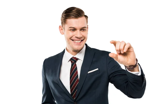 Homem de negócios feliz gesticulando e sorrindo isolado em enquanto — Fotografia de Stock