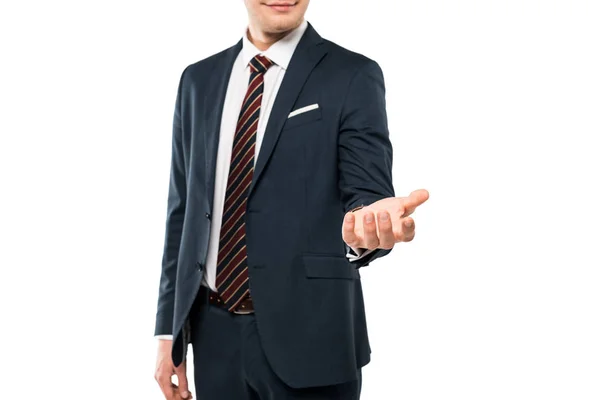 Cropped view of young man in suit gesturing isolated on white — Stock Photo