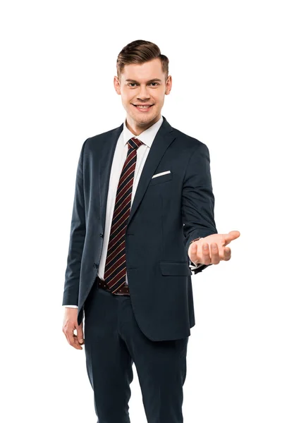 Happy young man in formal wear gesturing isolated on white — Stock Photo