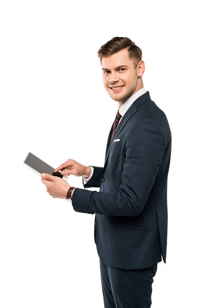 Homme d'affaires joyeux utilisant tablette numérique avec écran blanc isolé sur blanc — Photo de stock