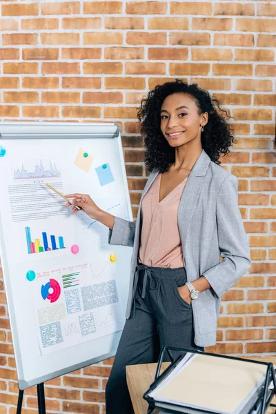 Mujer de negocios ocasional afroamericana señalando el rotafolio durante la presentación en la oficina del loft — Stock Photo