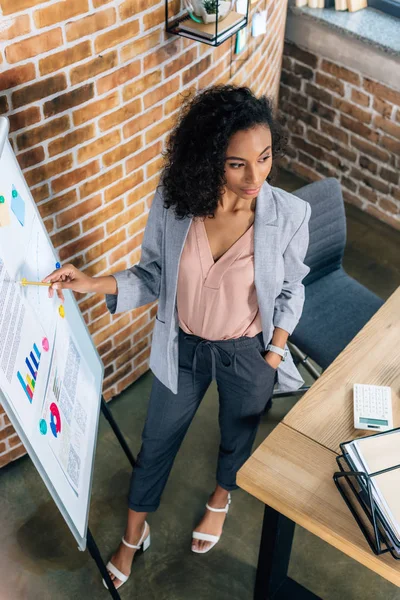 African american Casual businesswoman pointing with pencil at flipchart in loft office — Stock Photo