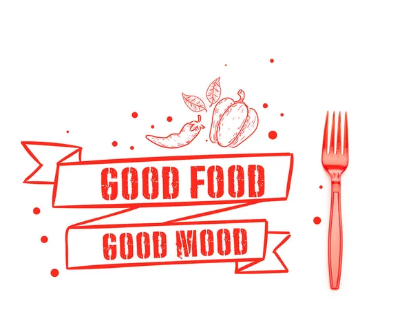 Plástico vermelho garfo brilhante perto de boa comida bom humor lettering isolado no branco — Fotografia de Stock