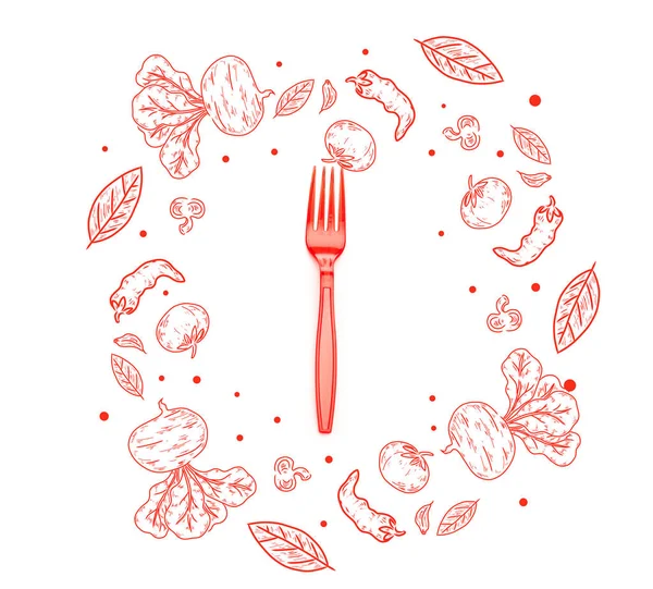 Red plastic bright fork with vegetables and leaves illustration isolated on white — Stock Photo